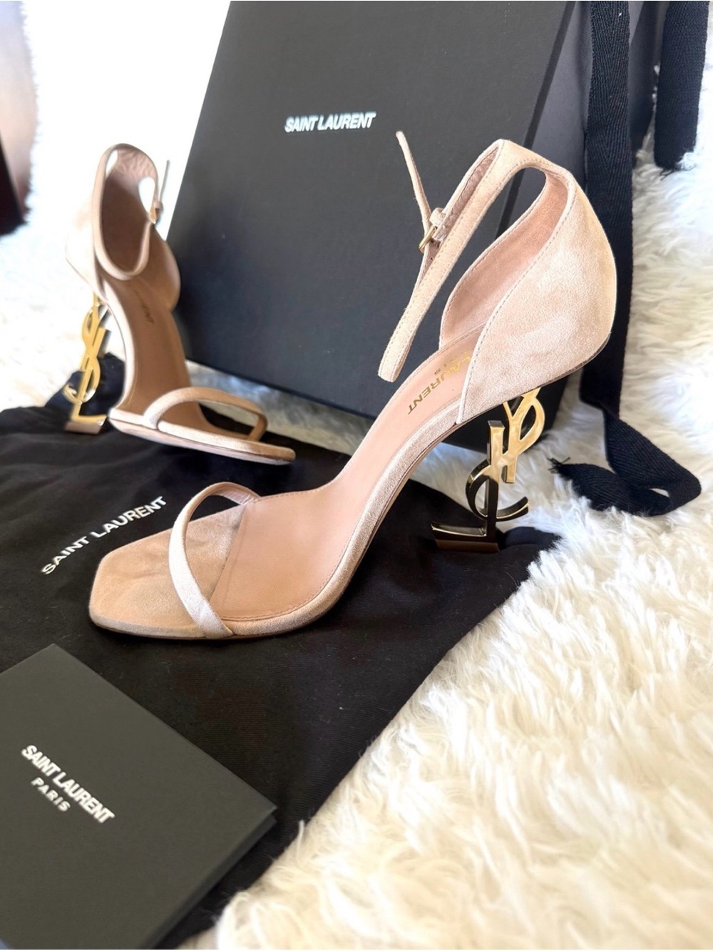 Saint Laurent Nude Suede YSL Logo Heel Sandals - Picture 4 of 10